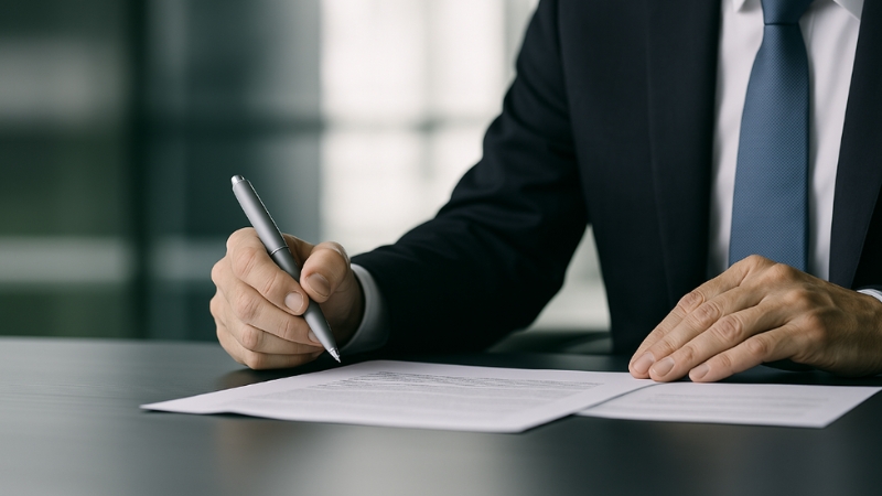 A businessman is signing a document, preparing to write recommendation letters on a desk