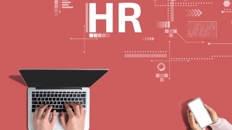 Hands using a laptop and phone under the title HR on a red background with HR quotes