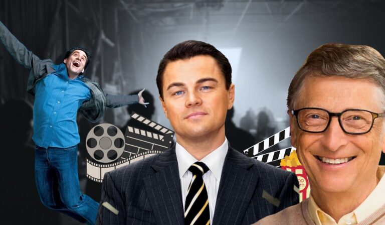 Collage of famous personalities with film reels, clapperboards, and popcorn, symbolizing movies about leadership and management.