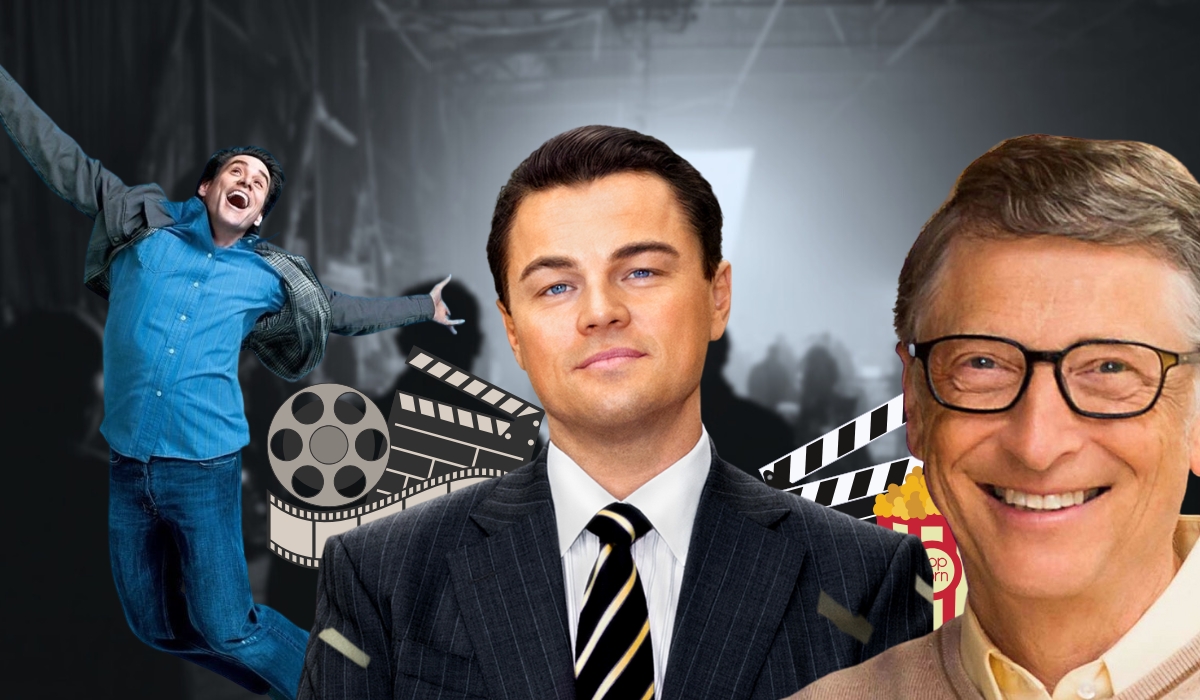 Collage of famous personalities with film reels, clapperboards, and popcorn, symbolizing movies about leadership and management.