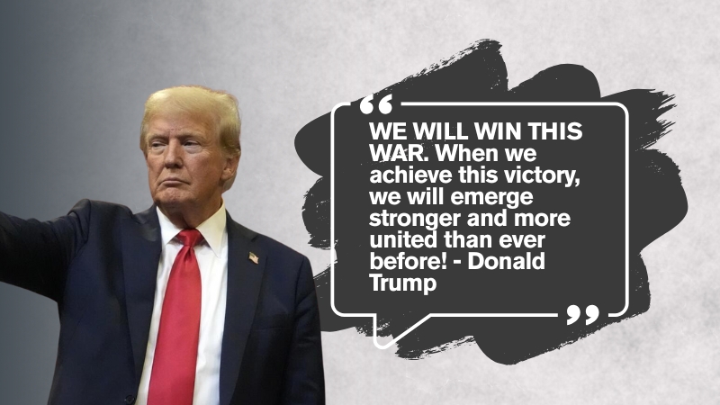 Donald Trump speaking next to a quote about winning together and emerging stronger and united