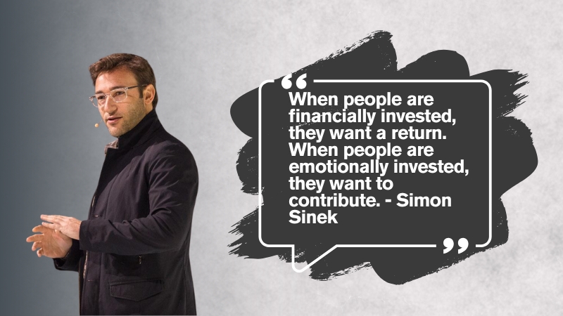Simon Sinek speaking beside a quote about emotional investment and contribution with HR Quotes on the image