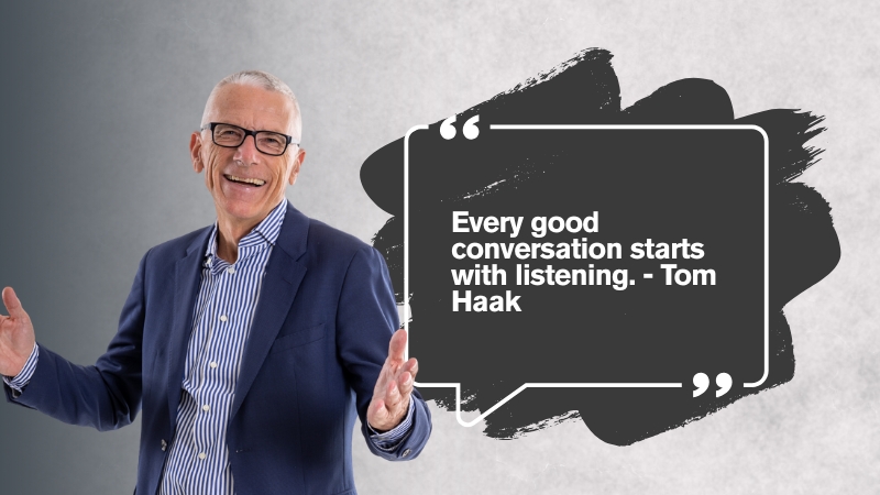 Tom Haak smiling next to a quote about listening with HR Quotes displayed on a black background