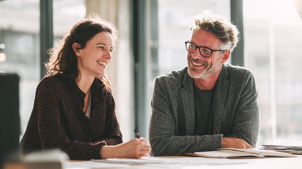 Senior leader mentoring a smiling young employee in a healthy, collaborative work environment