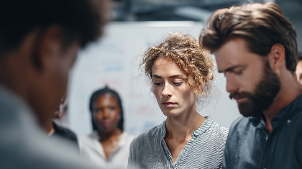 Employees looking stressed and disconnected during a tense meeting, reflecting early toxic leadership signs