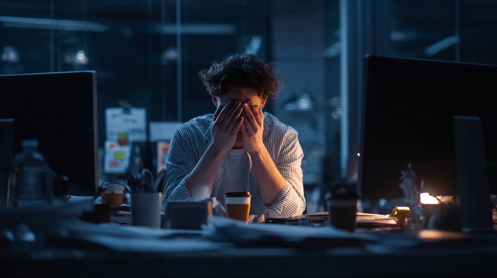 Young employee experiencing work-related stress and burnout