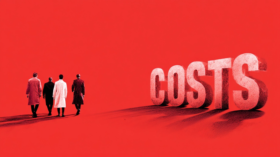 siness professionals walking toward large text reading “COSTS” on a red background