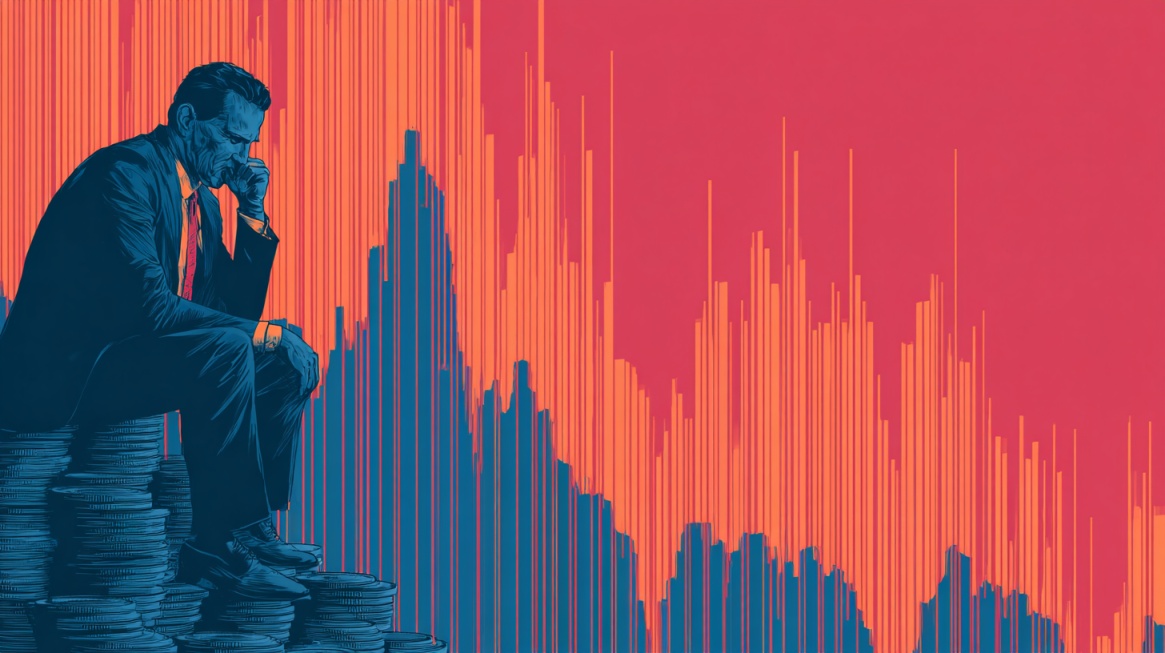 Illustration of a businessman sitting beside declining financial charts and stacked coins
