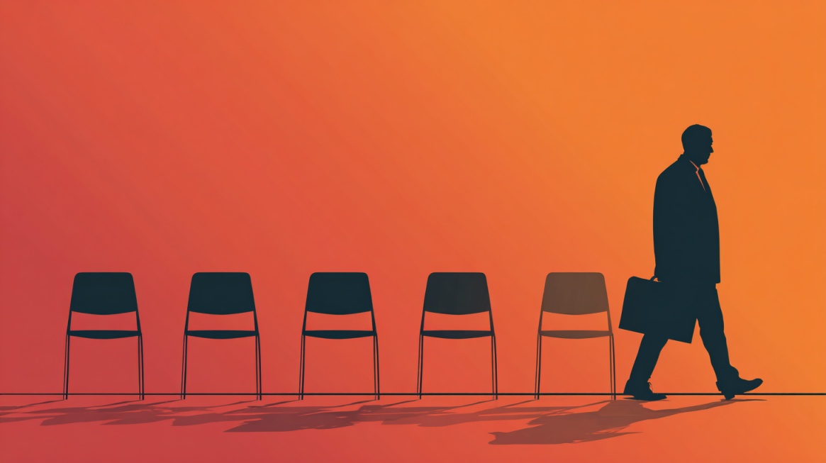 Businessperson walking past empty chairs symbolizing employee turnover