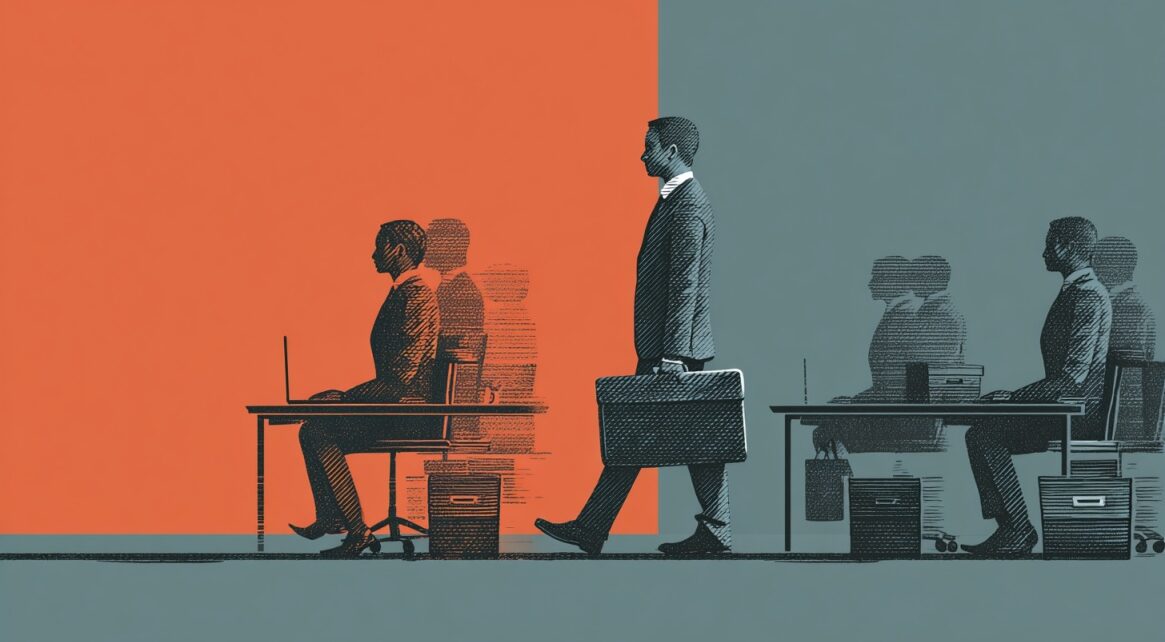 Illustration of an employee leaving an office while others continue working at desks
