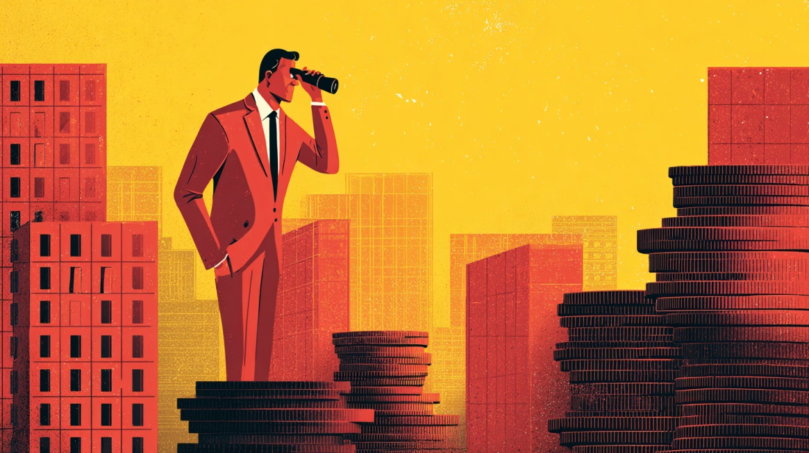 Illustration of a businessman standing on coins while looking ahead with binoculars