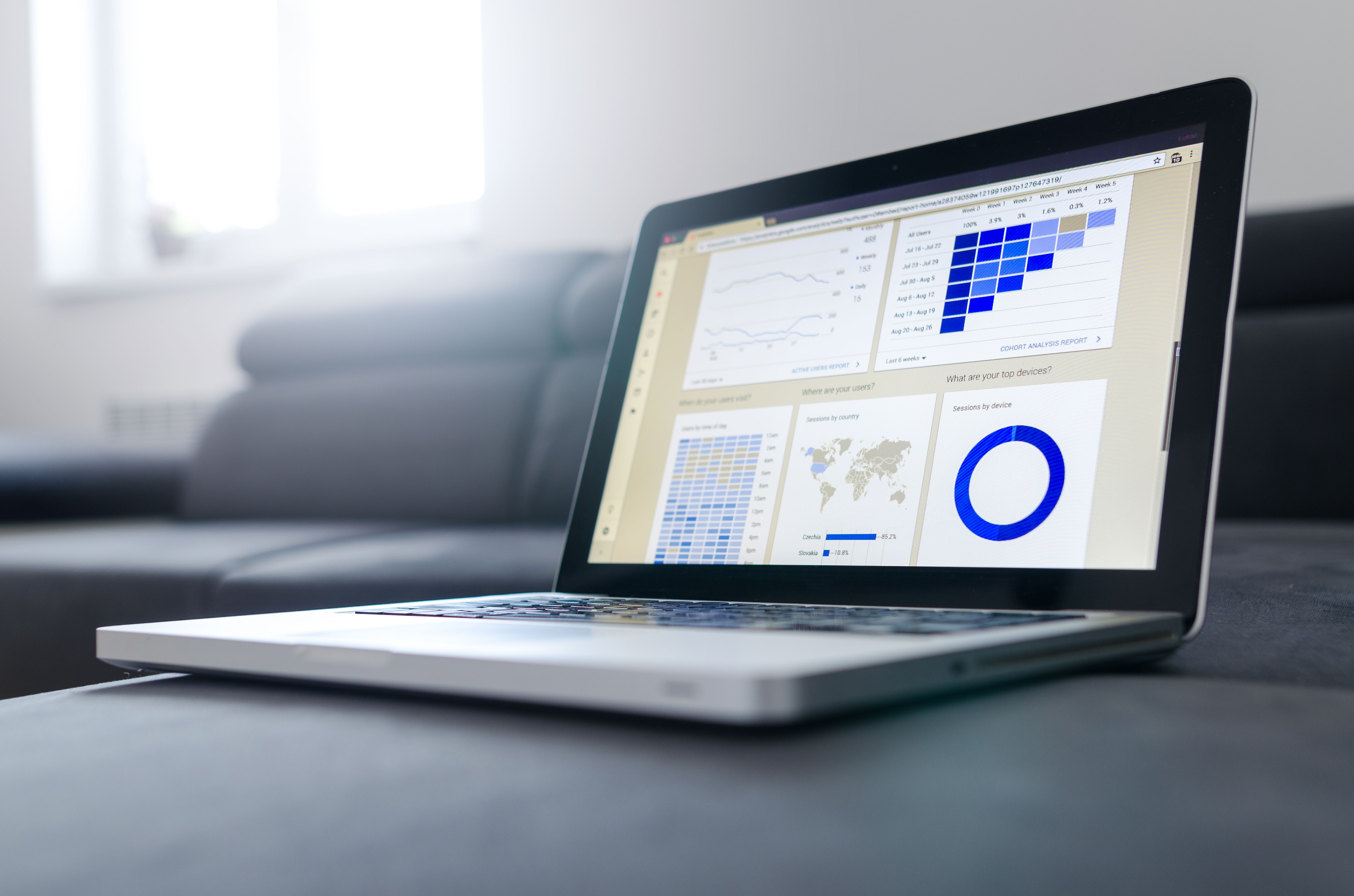 Laptop displaying data analytics graphs, suitable for an HR dashboard and workforce metrics section.